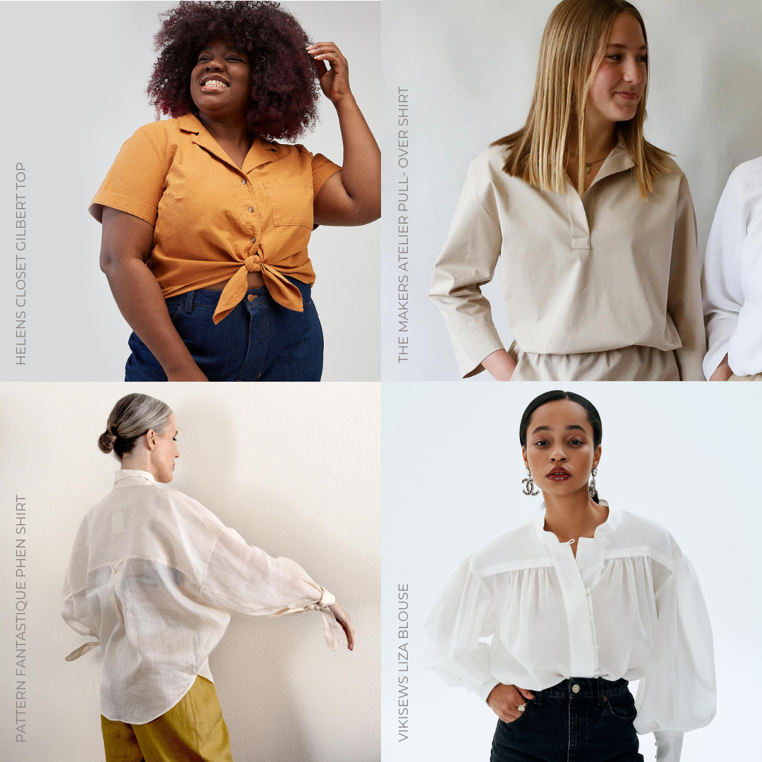 Sewing Pattern Shirt inspiration including Helens Closet Gilbert, The Makers Atelier Pull Over Shirt, Pattern Fantastique Phen Shirt and the Vikisews Liza Blouse